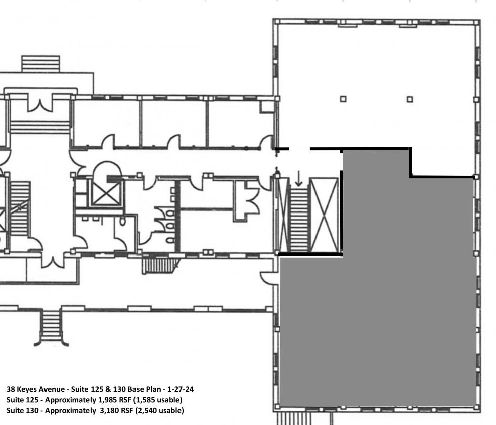 Drawing of building floor plan with office highlighted
