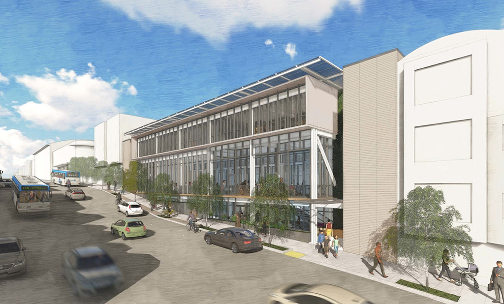 Rendering of building exterior from angled view across California Street with sidewalk, street trees, and vehicles