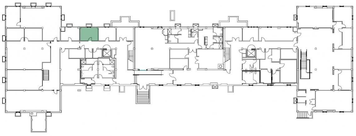 Drawing of building floor plan with space available highlighted