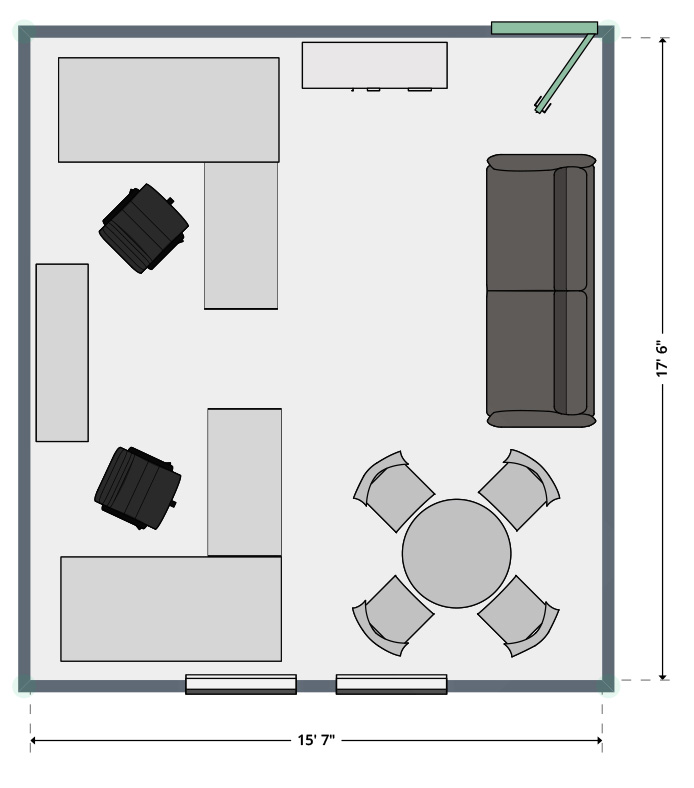 Rendering of possible furniture layout showing desks and seating area.