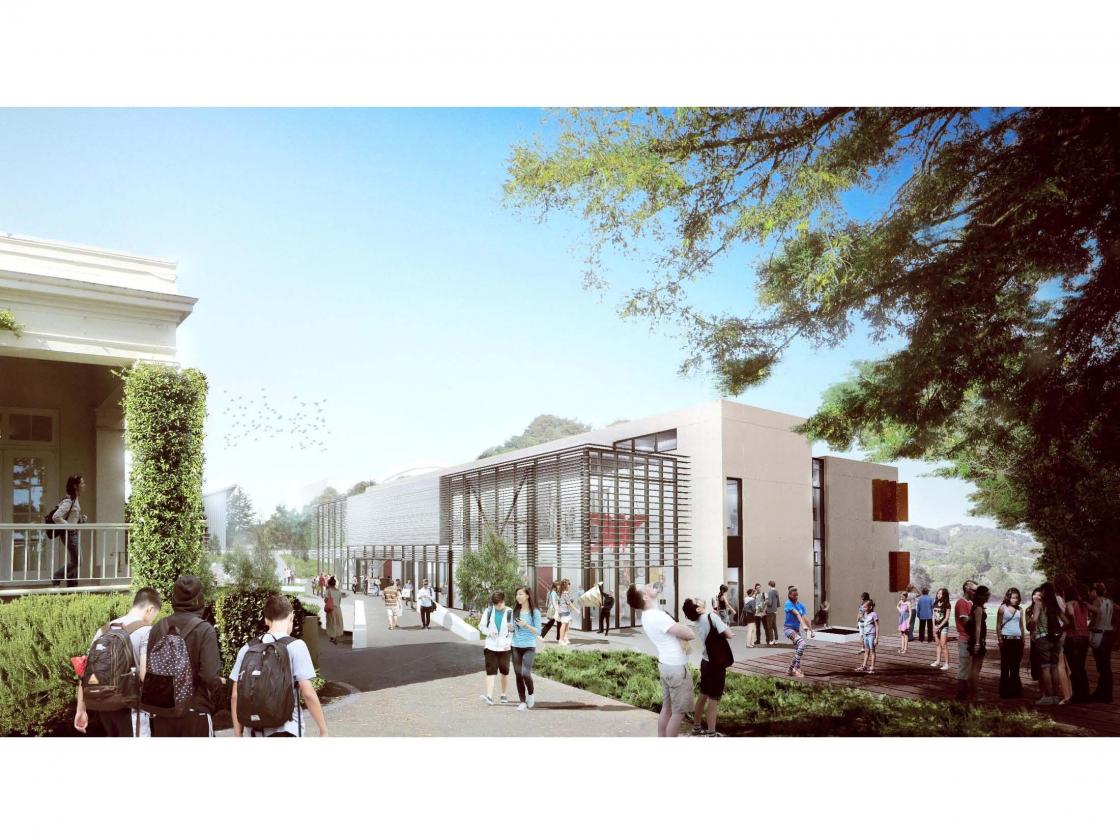 Rendering of exterior of Science and Innovation Center modern structure and active landscaped courtyard
