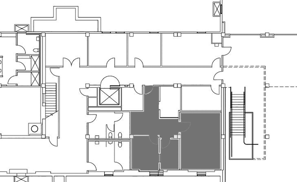 Building floor plan with office area highlighted