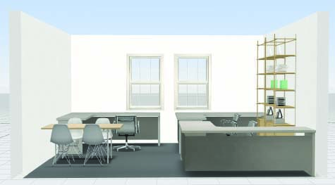 Rendering of possible furniture layout showing desks and seating area.