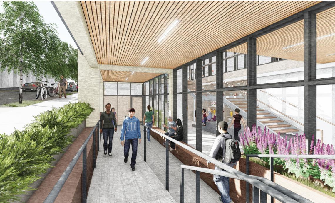 Rendering of view from entry arcade showing student walking on ramp entry