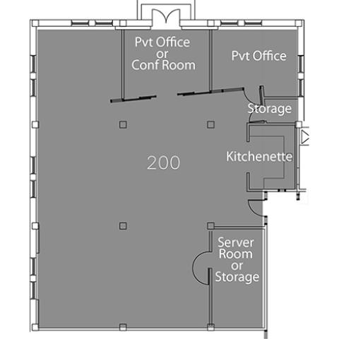 Floor plan showing open office area, two private offices, kitchenette, and storage