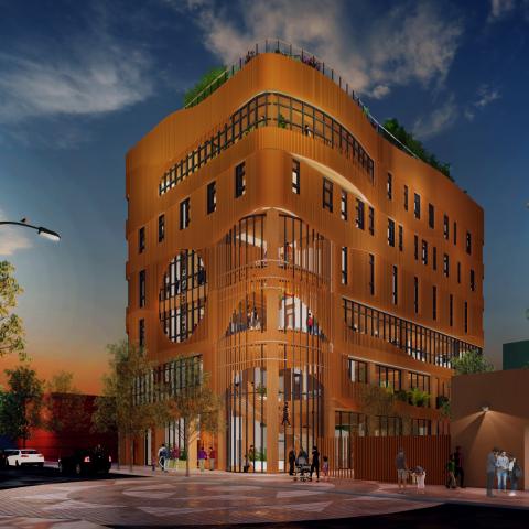 Exterior rendering of new 2-story building depicted at night