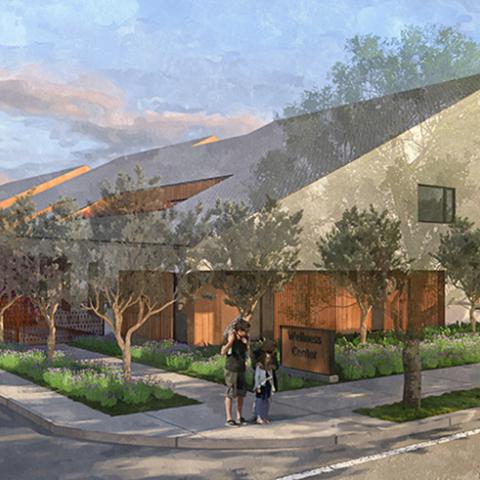 Exterior rendering of wellness center with distinct sloping roofline nestled among street trees