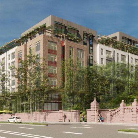 Rendering of building from Broadway street looking north with wall in front.