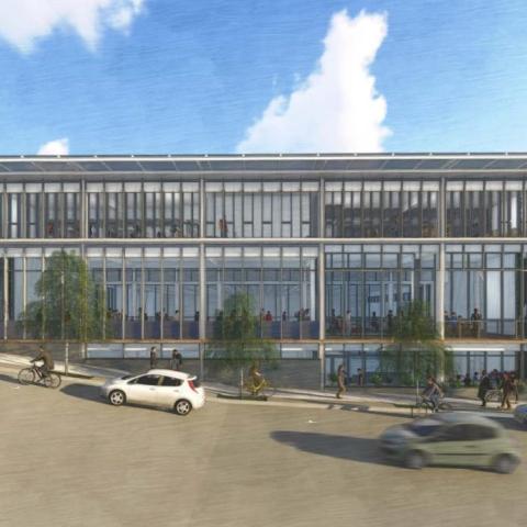 Rendering of modern building exterior along the incline of California Street