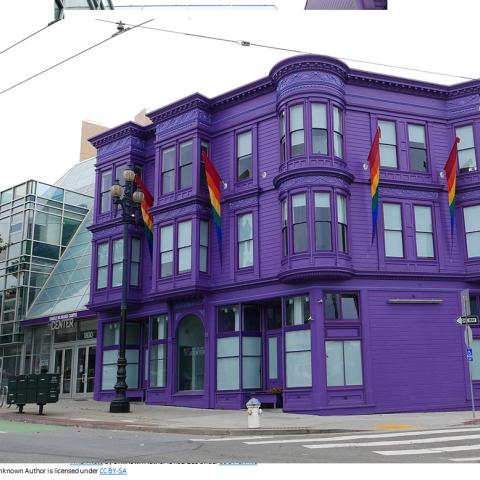 View of puple builder from corner of Market and Octavia Street,