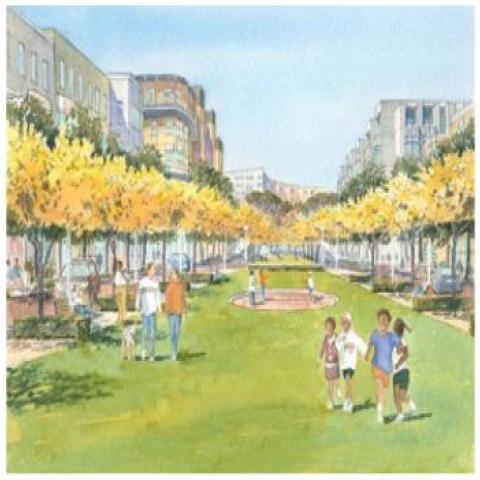 Watercolor rendering of landscaped lawn lined with trees and benches between a variety of multifamily buildings