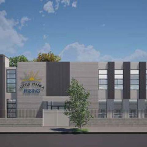 Rendering of exterior two story building with trees in front