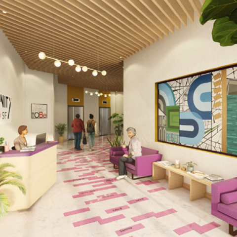Rendering of lobby area with seating and reception desk