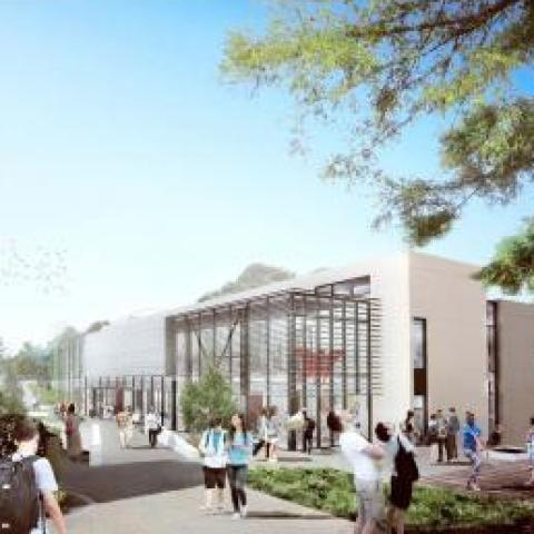 Rendering of exterior of Science and Innovation Center modern structure and active landscaped courtyard