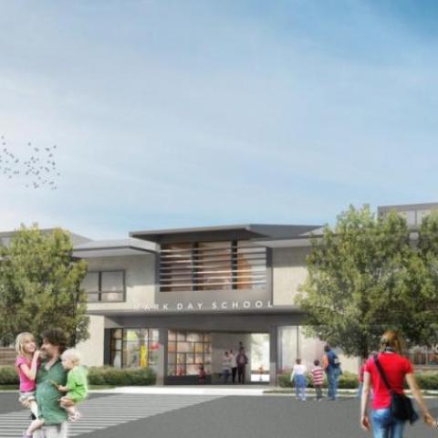 Rendering of school exterior showing people coming and going with lush trees and flagpole