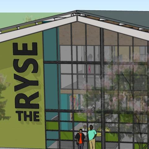 Rendering of front of building with large atrium windows, graphic sign on colorful walls and decorative color glass panels