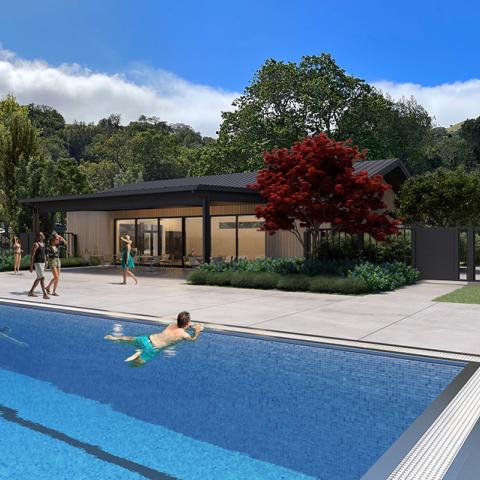 Rendering of pool with community center in background.