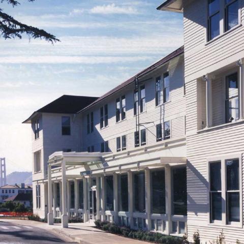 Exterior daytime view of Thoreau Center for Sustainability with Golden Gate Bridge in the distance