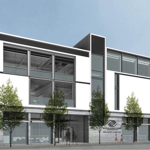Rendering of modern three-floor building structure with large windows and sleek architectural details